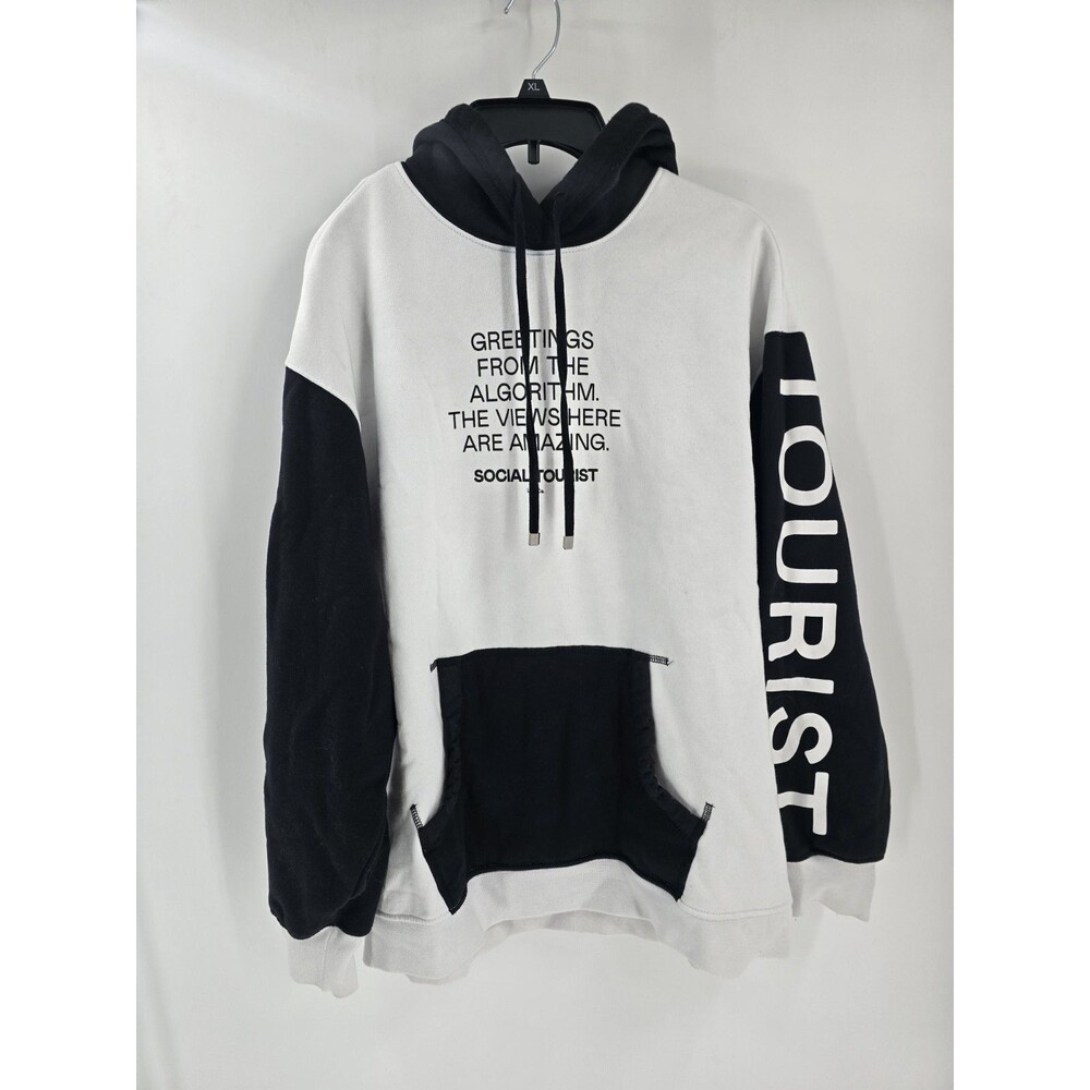 Social Tourist Men's Black White Cotton Fleece Graphic Print Pullover Hoodie Sml